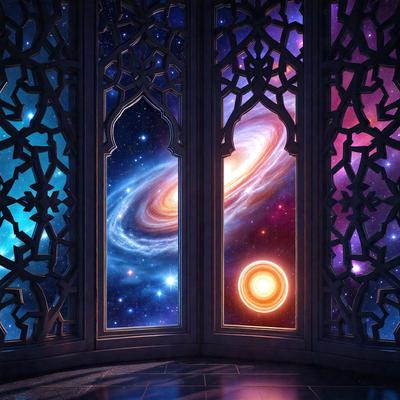 The primary subject of the image is a large window with a beautiful view of the night sky. The setting is a dark room, and the visual style is a combination of photo and digital art. The colors and mood of the image are predominantly dark and moody, with the bright stars and planets creating a contrast against the black background.